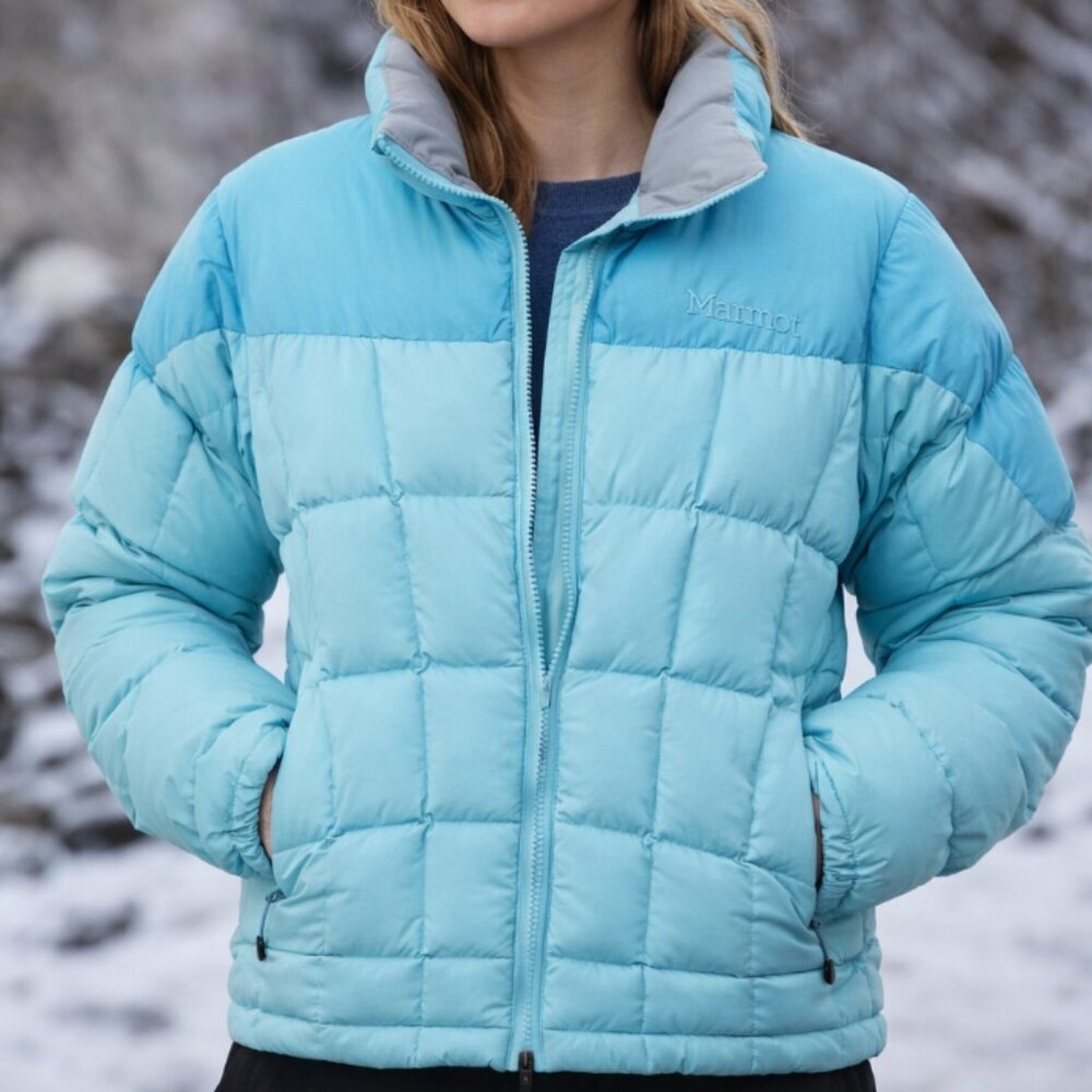 Marmot Goose Down 650 Blue Colorblock Warm Winter Puffer Snow Jacket Women's XS